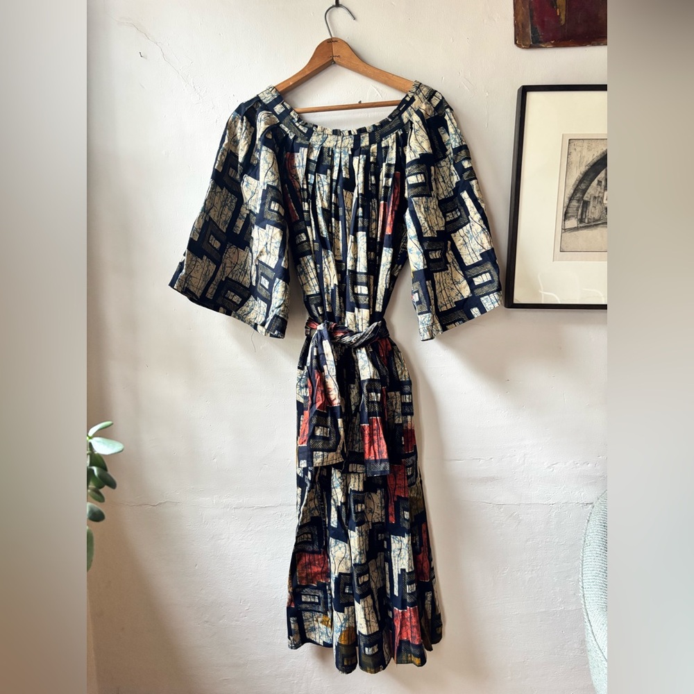 Caftan Dress Made In Nigeria Cotton Wax Batik Geometric Pattern